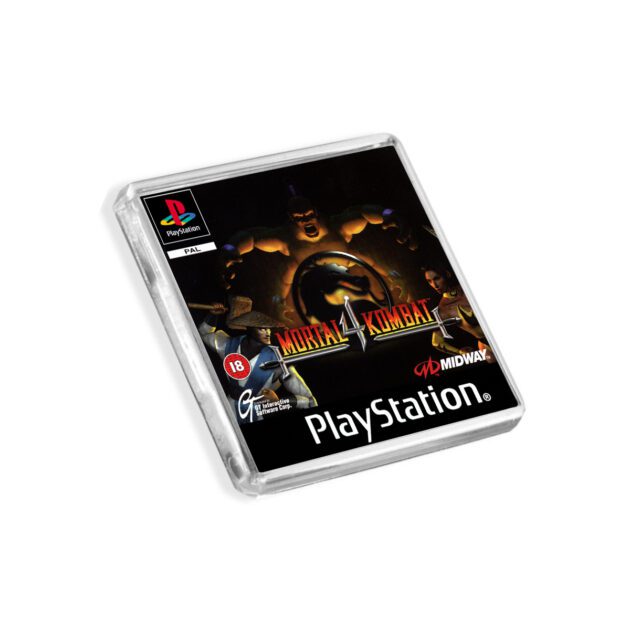 Plastic Mortal Kombat 4 PS1 fridge magnet on a white background