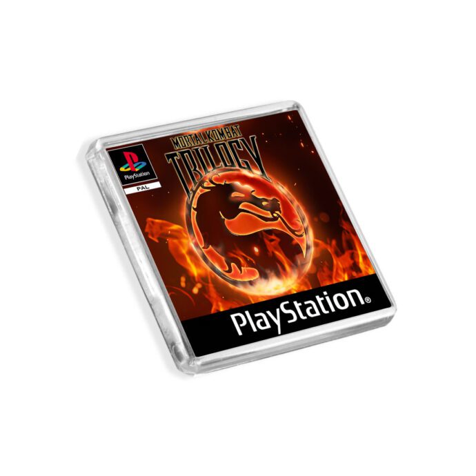 Plastic Mortal Kombat Trilogy PS1 fridge magnet on a white background