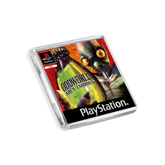 Plastic Oddworld Abe's Exodus PS1 fridge magnet on a white background