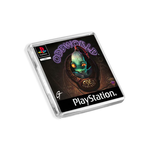 Plastic Oddworld Abe's Odyssey PS1 fridge magnet on a white background