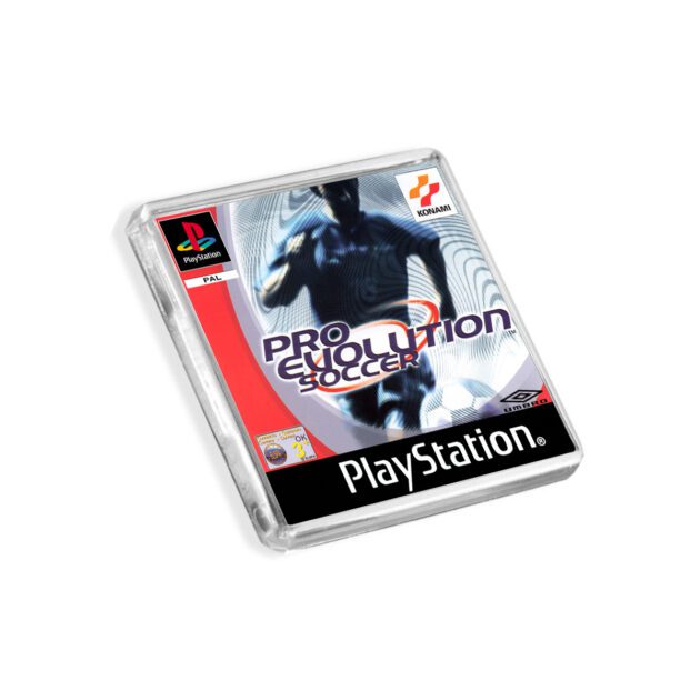 Plastic Pro Evolution Soccer PES PS1 fridge magnet on a white background