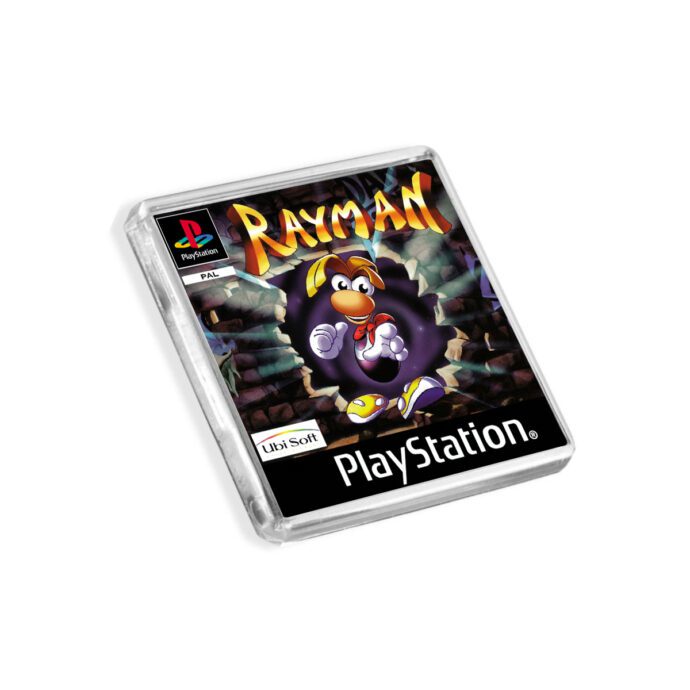 Plastic Rayman PS1 fridge magnet on a white background