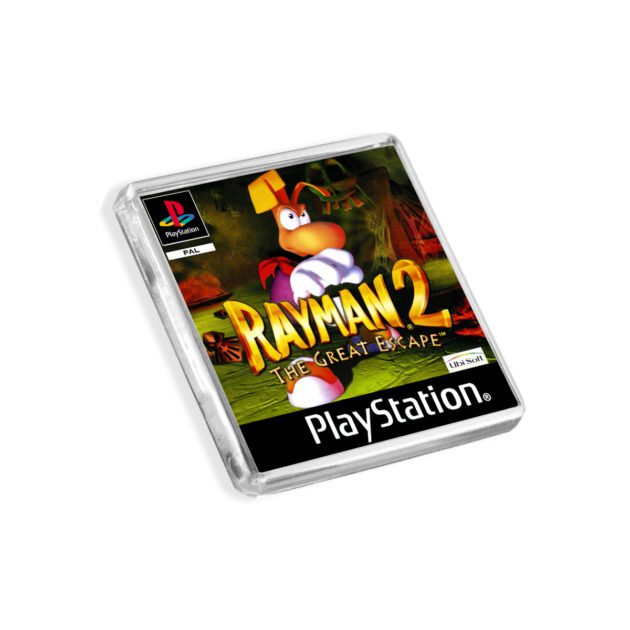 Plastic Rayman 2 PS1 fridge magnet on a white background