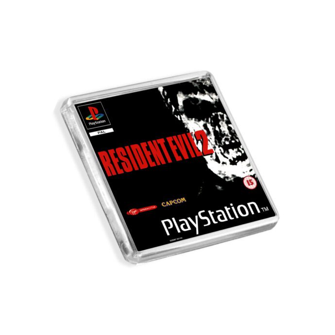 Plastic Resident Evil 2 PS1 fridge magnet on a white background