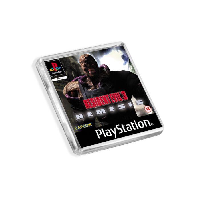 Plastic Resident Evil 3 PS1 fridge magnet on a white background