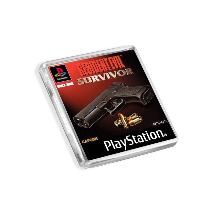 Plastic Resident Evil Survivor PS1 fridge magnet on a white background