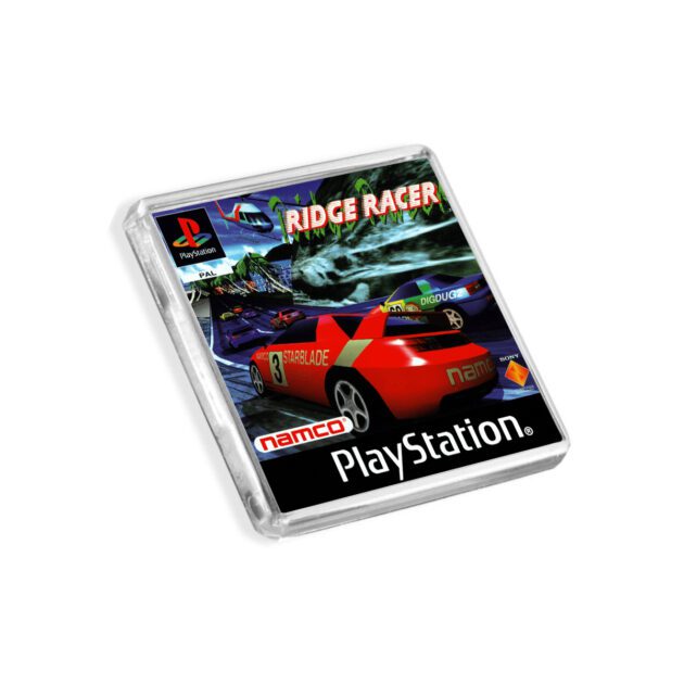 Plastic Ridge Racer PS1 fridge magnet on a white background