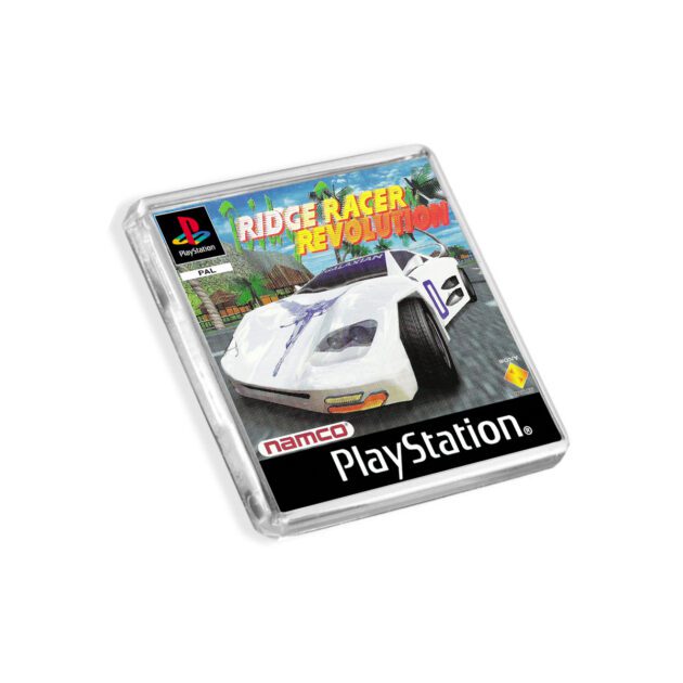 Plastic Ridge Racer Revolution PS1 fridge magnet on a white background