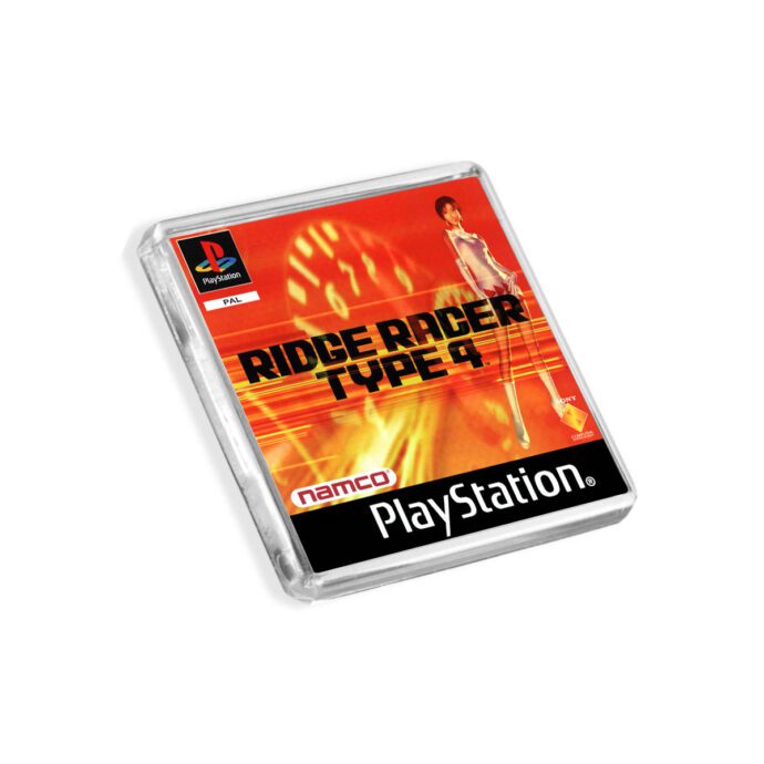 Plastic Ridge Racer Type 4 PS1 fridge magnet on a white background