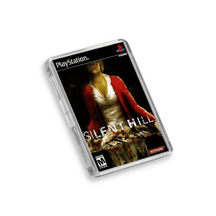 Plastic Silent Hill PS1 fridge magnet on a white background