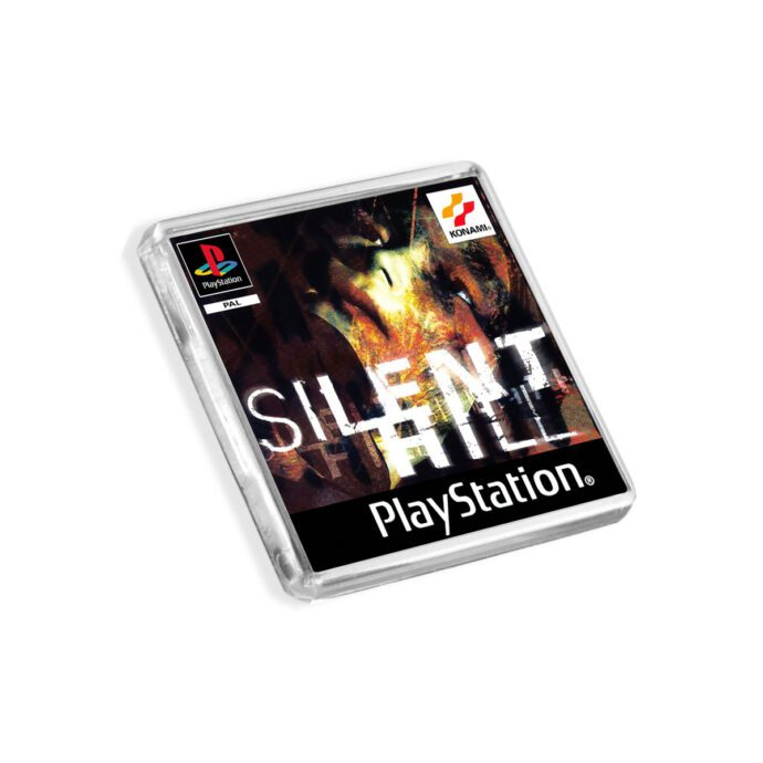 Plastic Silent Hill PS1 fridge magnet on a white background