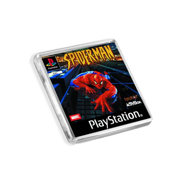 Plastic Spider-Man PS1 fridge magnet on a white background