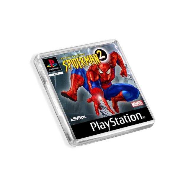 Plastic Spider-Man 2 PS1 fridge magnet on a white background