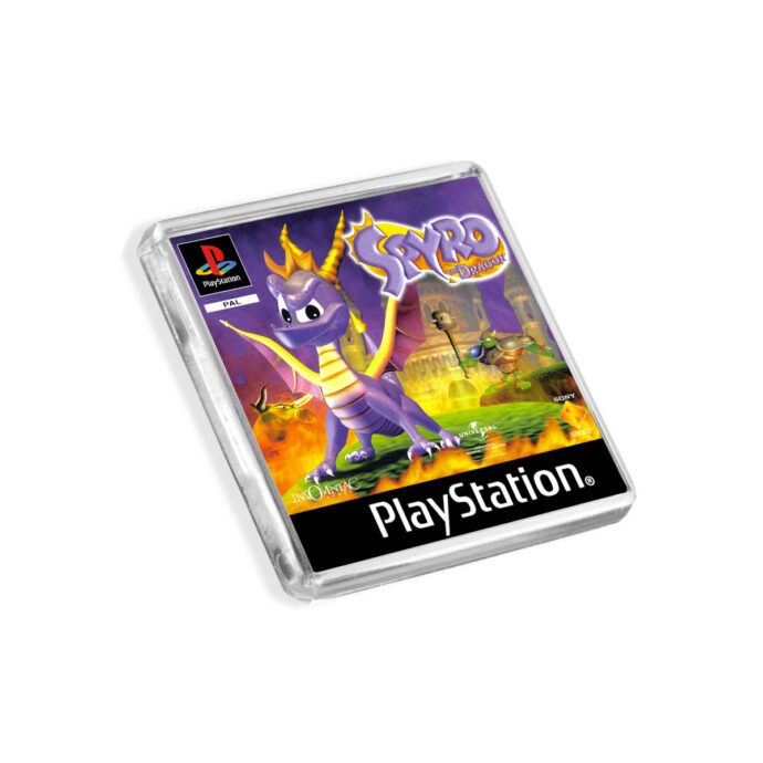 Plastic Spyro the Dragon PS1 fridge magnet on a white background