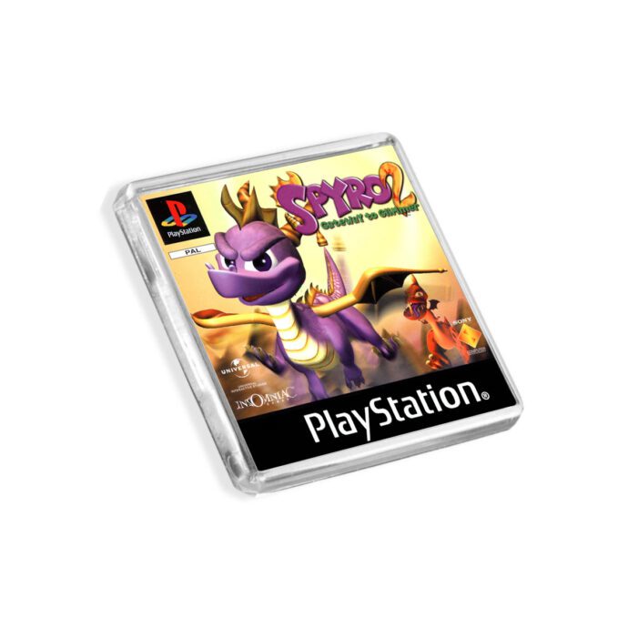 Plastic Spyro 2 PS1 fridge magnet on a white background