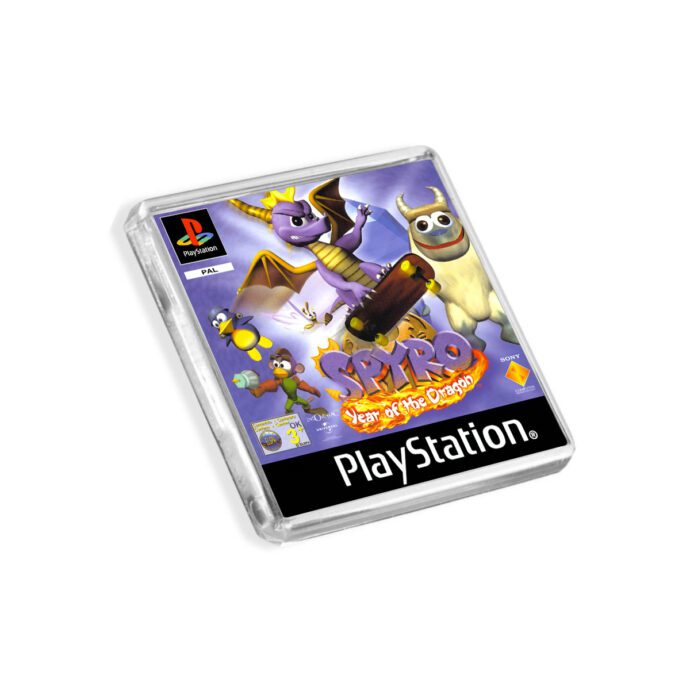 Plastic Spyro Year of the Dragon PS1 fridge magnet on a white background