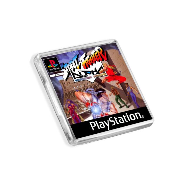 Plastic Street Fighter Alpha PS1 fridge magnet on a white background