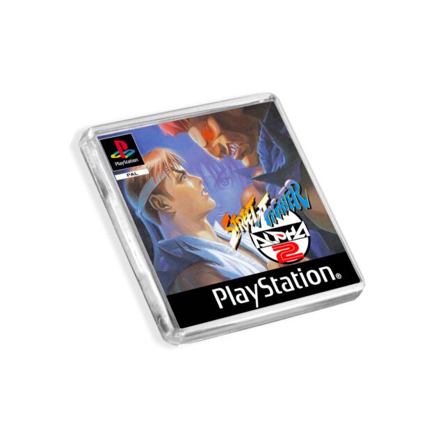 Plastic Street Fighter Alpha 2 PS1 fridge magnet on a white background