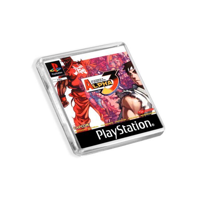 Plastic Street Fighter Alpha 3 PS1 fridge magnet on a white background