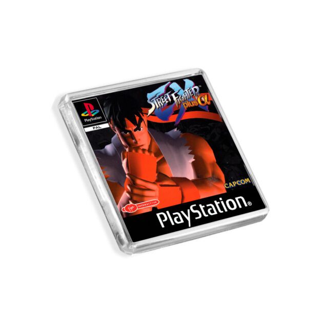 Plastic Street Fighter EX Plus Alpha PS1 fridge magnet on a white background