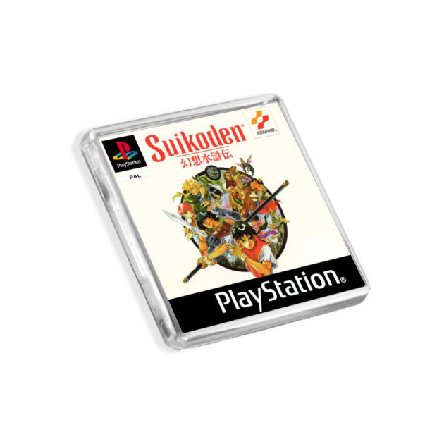 Plastic Suikoden PS1 fridge magnet on a white background