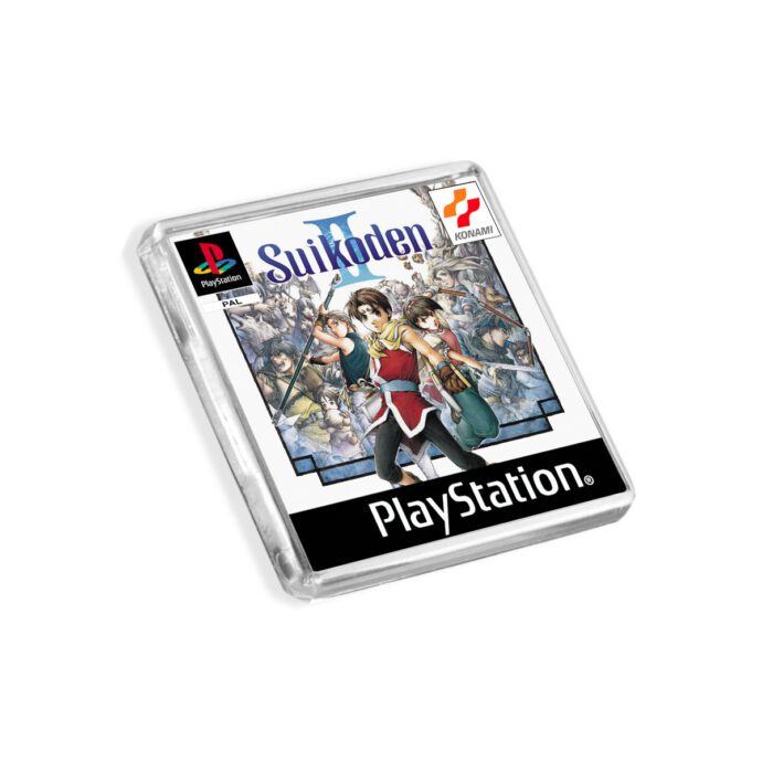 Plastic Suikoden II PS1 fridge magnet on a white background