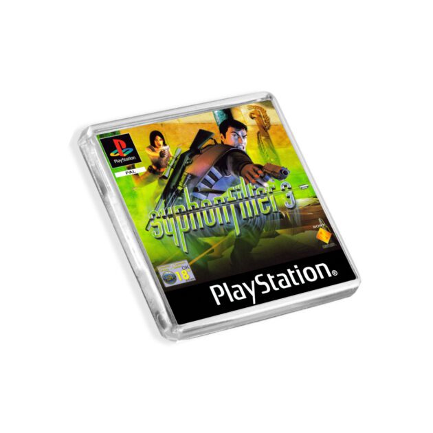 Plastic Syphon Filter 3 PS1 fridge magnet on a white background