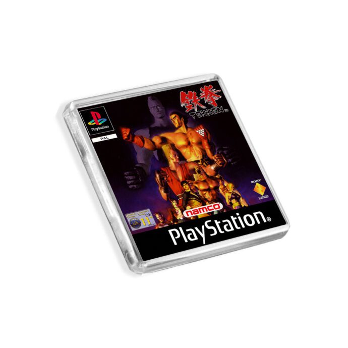 Plastic Tekken PS1 fridge magnet on a white background