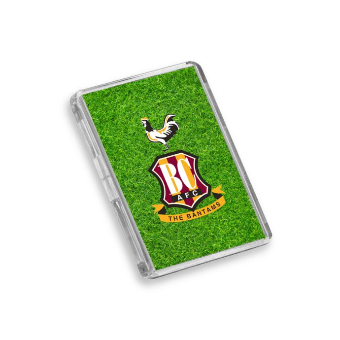 Plastic Bradford City fridge magnet on a white background