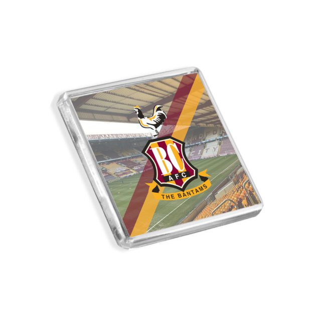 Plastic Bradford City fridge magnet on a white background