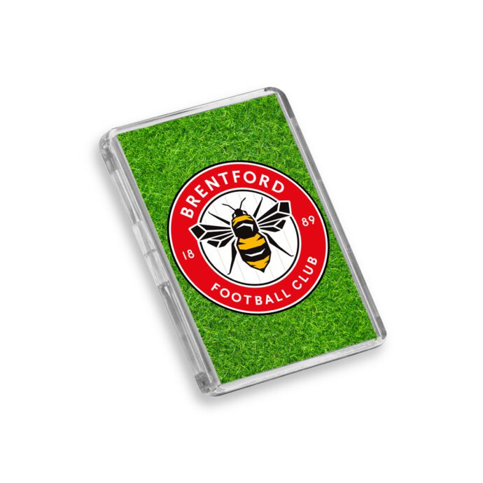 Plastic Brentford fridge magnet on a white background