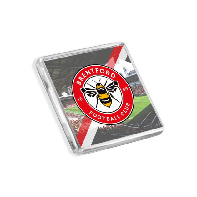 Plastic Brentford fridge magnet on a white background