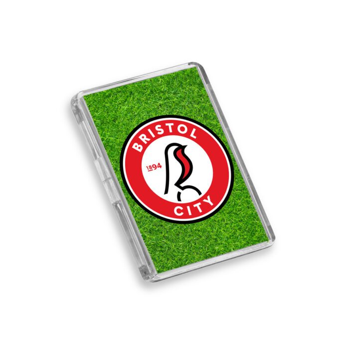 Plastic Bristol City fridge magnet on a white background