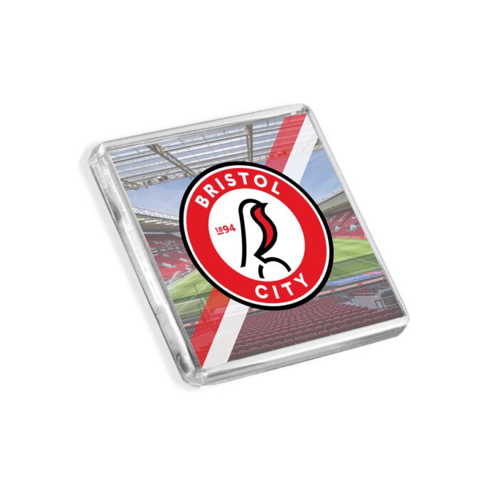 Plastic Bristol City fridge magnet on a white background