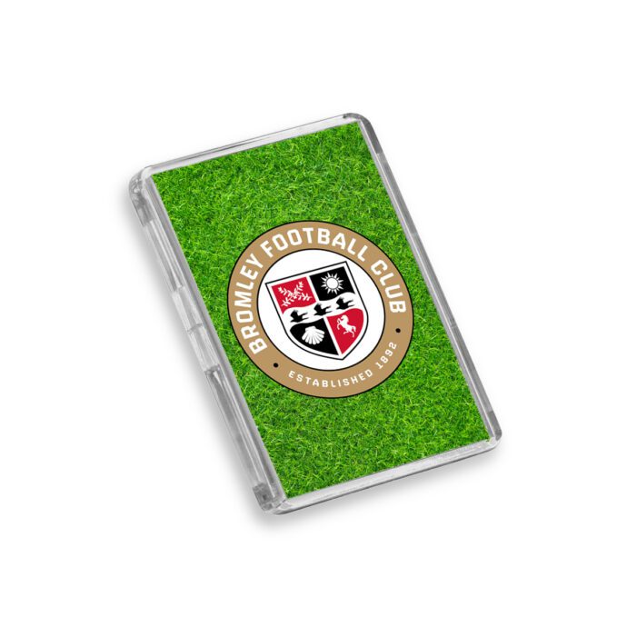 Plastic Bromley fridge magnet on a white background