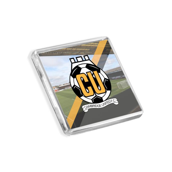 Plastic Cambridge United fridge magnet on a white background