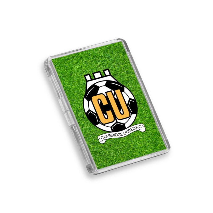 Plastic Cambridge United fridge magnet on a white background