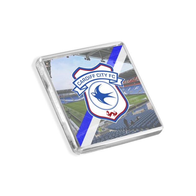 Plastic Cardiff City fridge magnet on a white background