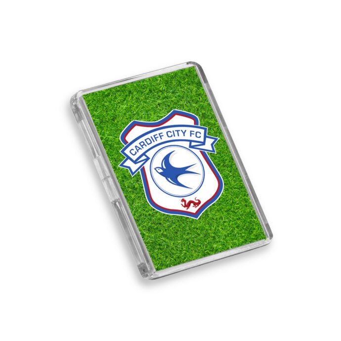 Plastic Cardiff City fridge magnet on a white background