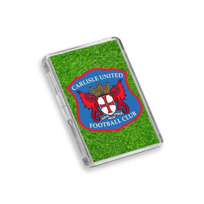 Plastic Carlisle United fridge magnet on a white background