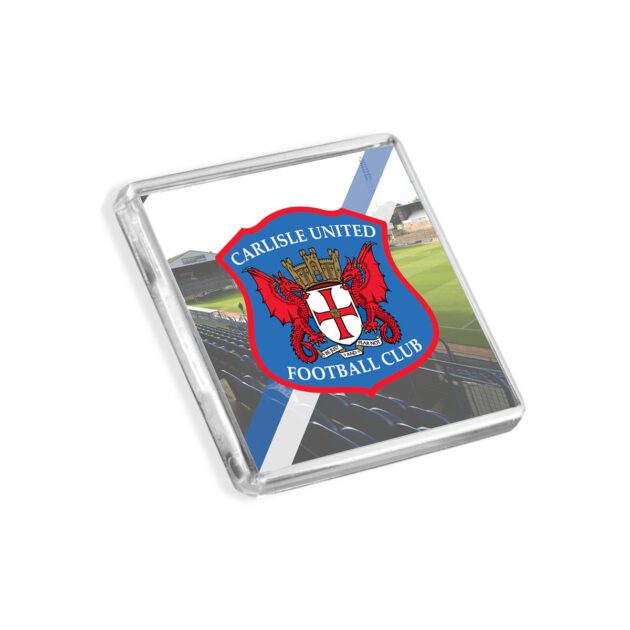 Plastic Carlisle United fridge magnet on a white background