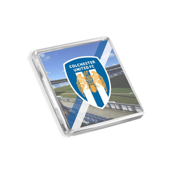 Plastic Colchester United fridge magnet on a white background