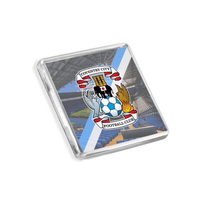 Plastic Coventry City fridge magnet on a white background