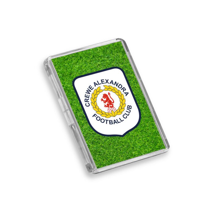 Plastic Crewe Alexandra fridge magnet on a white background