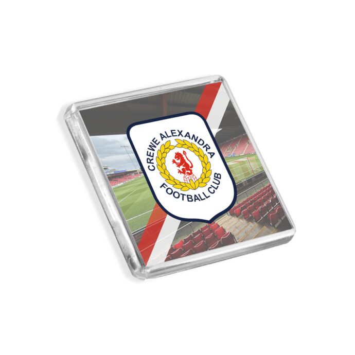 Plastic Crewe Alexandra fridge magnet on a white background