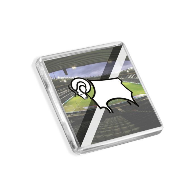 Plastic Derby County fridge magnet on a white background