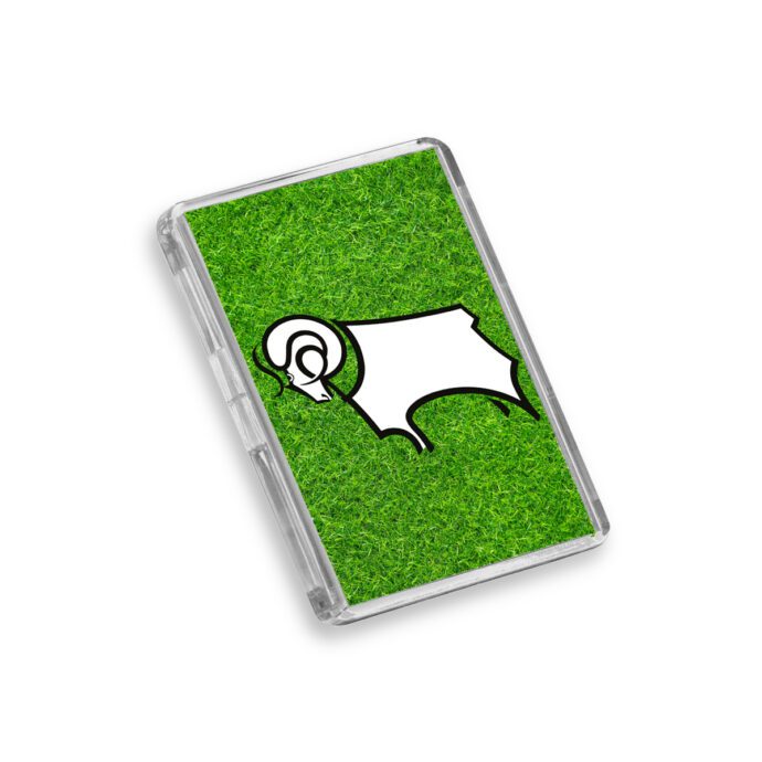 Plastic Derby County fridge magnet on a white background