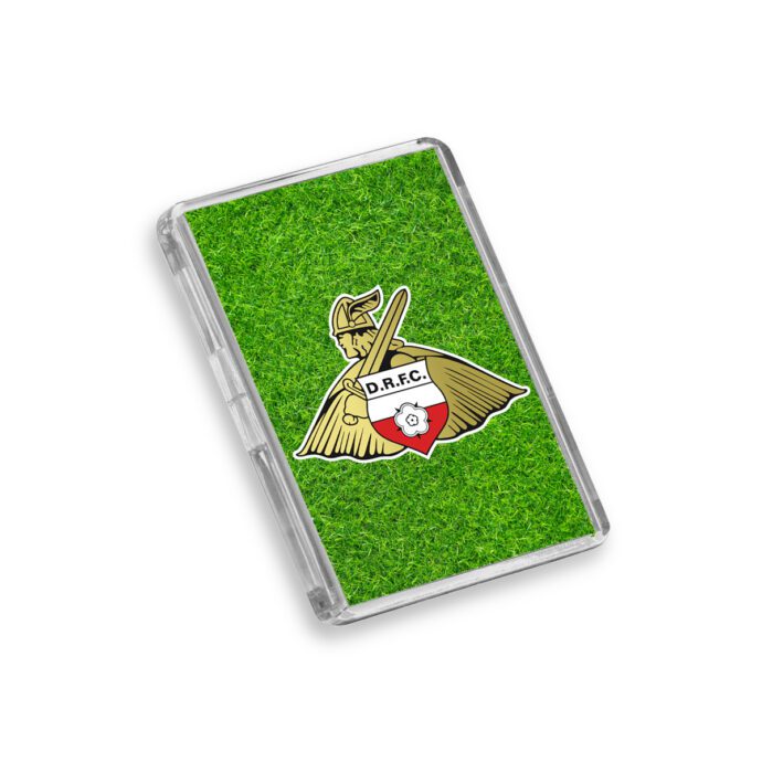 Plastic Doncaster Rovers fridge magnet on a white background