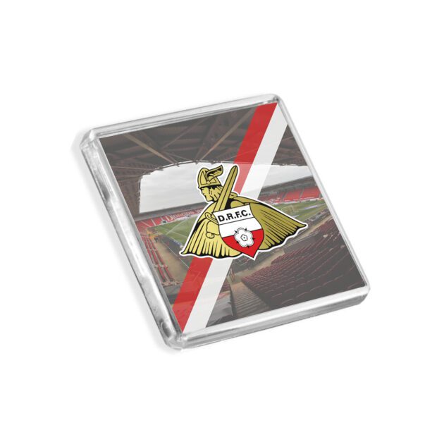 Plastic Doncaster Rovers fridge magnet on a white background