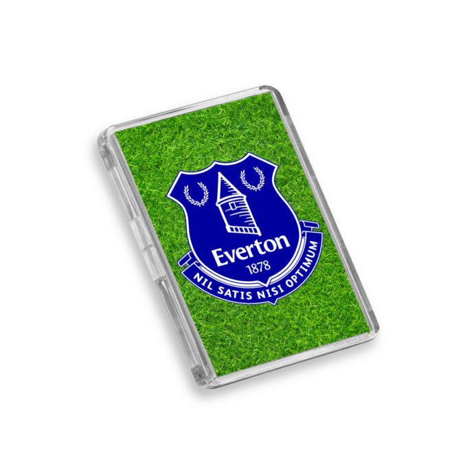 Plastic Everton fridge magnet on a white background